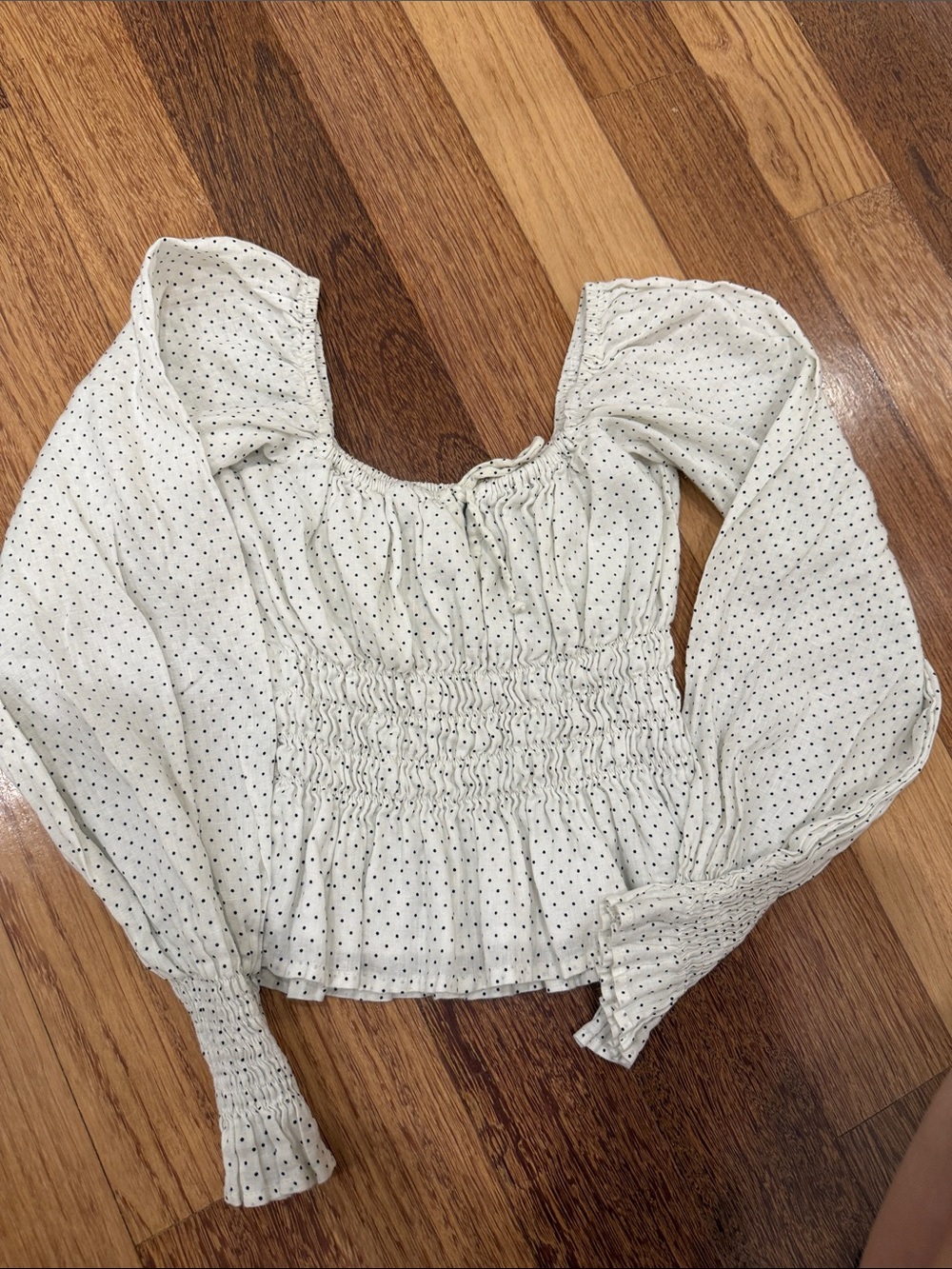 Faithfull the Brand White Polka Dot Smocked Peplum Blouse